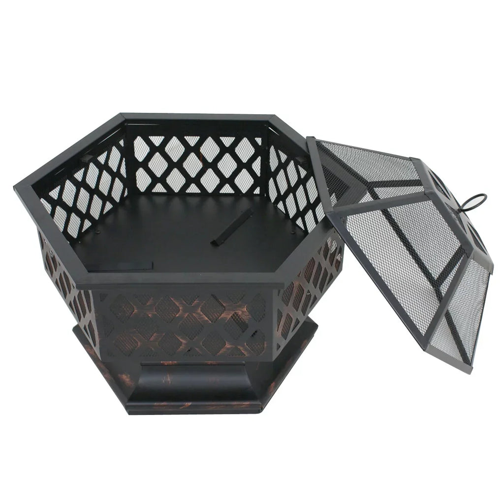 Lid, Backyard, Portable Burning 24¡¯¡¯ Pit W/Mesh Outdoor - Black Pire Wood Bonfire Hex-Shaped ZenSports