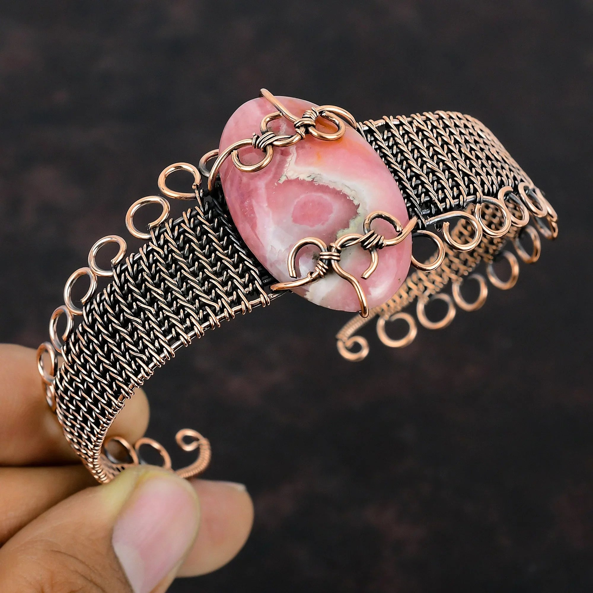 Bangle Wrap Rhodochrosite Jewelry Cuff Bracelet Wire Adjustable Copper Gemstone