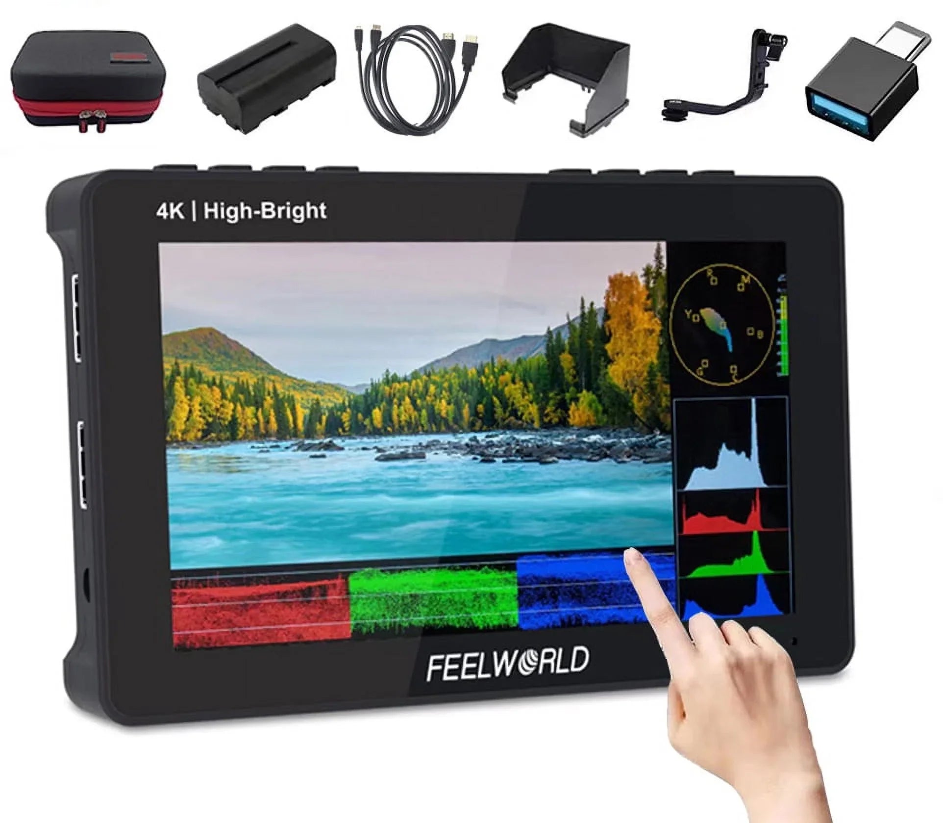 DSLR Touchscreen Camera Pro External FEELWORLD Power Kit F6 3D 5.5 F970 Wireless for Field with 1600nits Install HDMI 4K +Carry +Battery Inch Case LUT FHD 1920x1080 Monitor Transmission