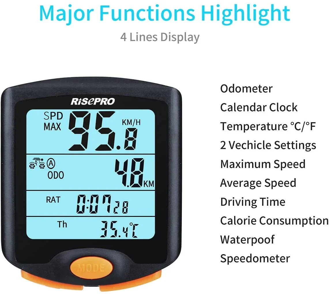 Waterproof Speedometer Multi YT-813 Line Bike Wireless 4 Odometer Function Computer, RISEPRO Cycling with Bike Backlight Bicycle Display