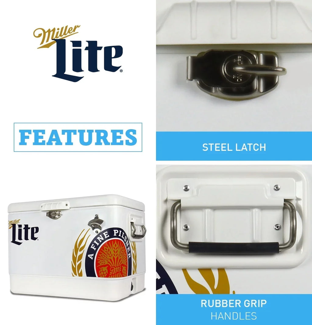 51L Fishing 85 Tailgating, Blue, Camping, Beach, Portable Chest with Cooler, RV, QT), Opener, and Beverage BBQs, (54 White steel-belted Can Bottle Miller Lite for Cooler Ice
