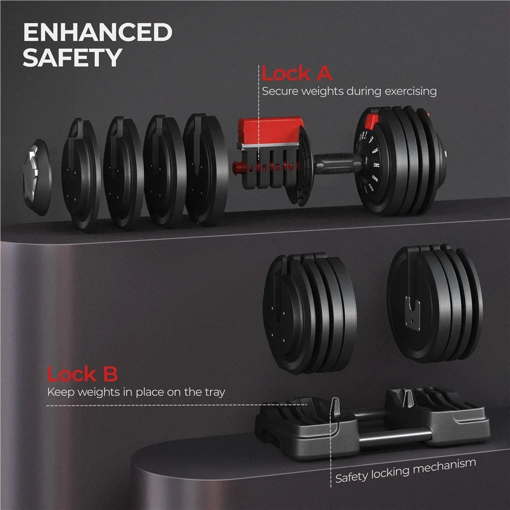 Handle, 3-In-1 Set 7-52.5lbs Renwick Black Anti-Slip Quick-Adjust Dumbbell Weight With