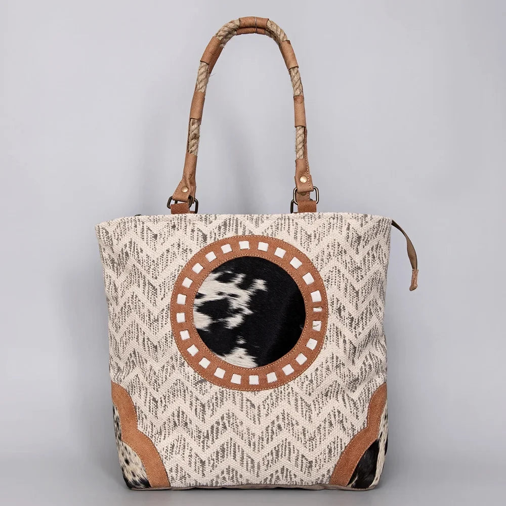 women Upcycled TOTE Canvas Upcycled KB Leather bag OHLAY western Wool Hair-on Genuine purse handbag KB487
