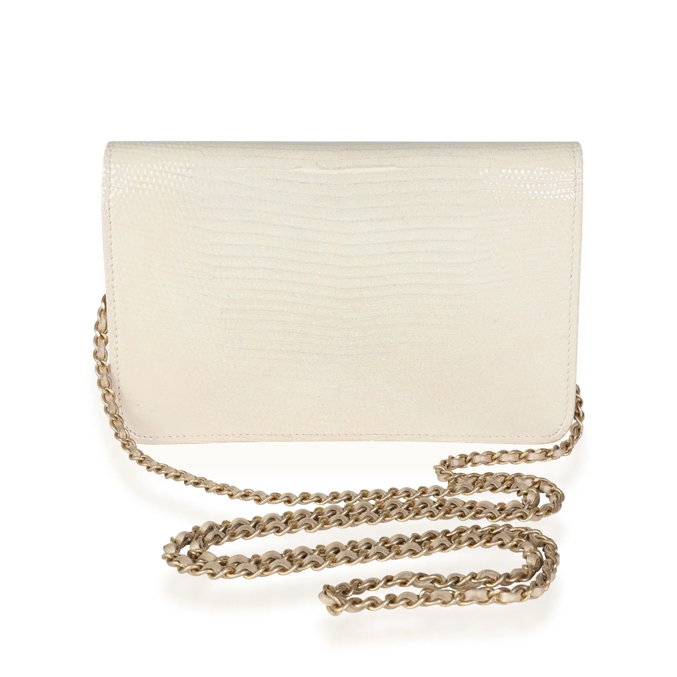 Chain Pre-Owned on Metallic Golden Gold Class Chanel Wallet Lizard