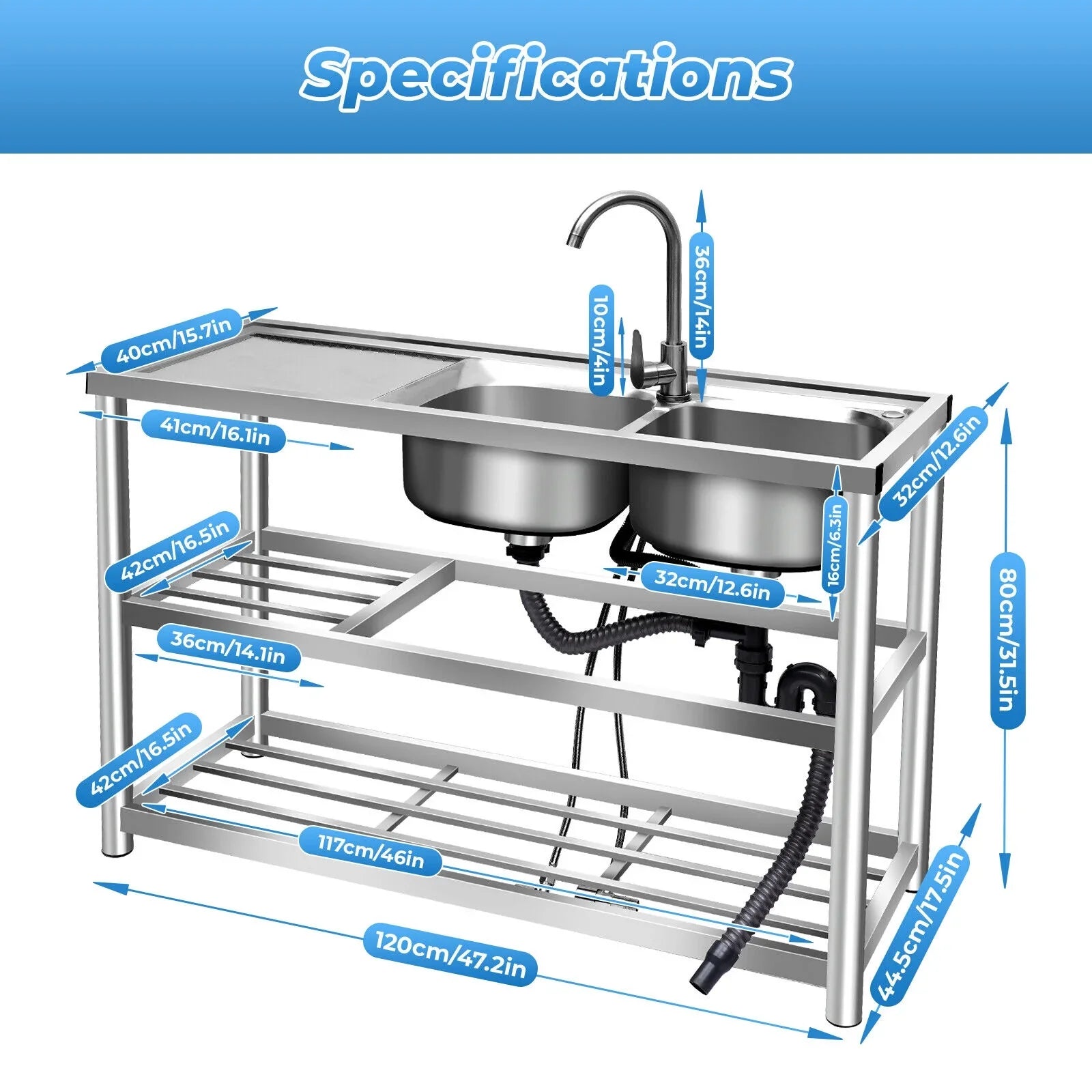 w/ Utility Table Steel Kitchen Table 2 Bowls Prep Sink Bowl Kitchen 2 Bowls Catering Stainless Bowl Catering Kitchen Home Commercial Drainboard Sink +Shelf Catering Prep Prep Sink 304 w/Faucet