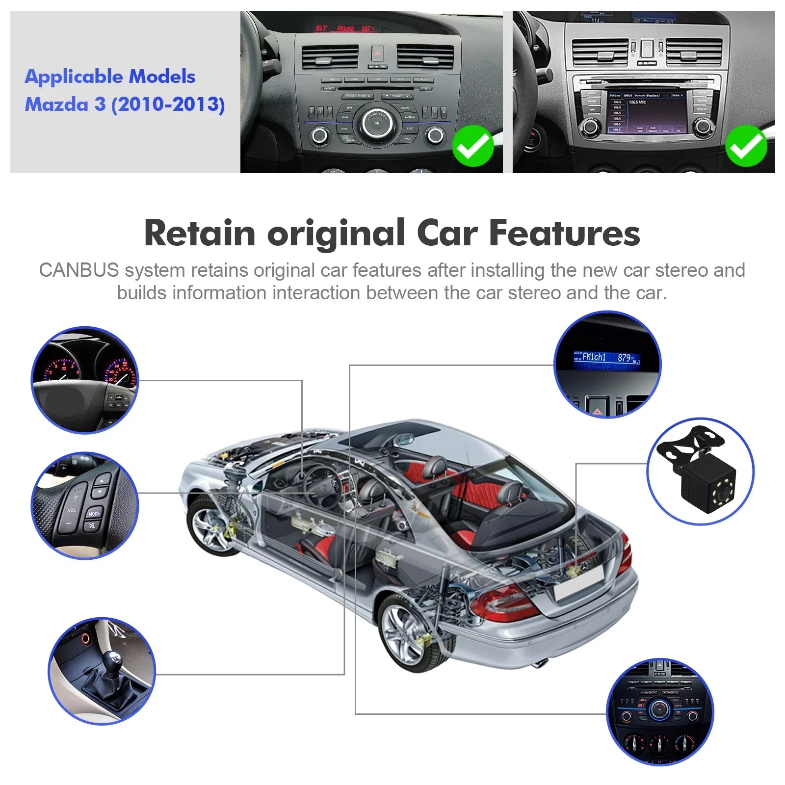Wheel Car Din 9 Double for with Inch 3 2012 2013 Carplay/Android stereo Mazda 2+32G Radio 2010 TouchScreen Camera 2011 Control Wireless Android Backup Auto/GPS/Bluetooth/FM/AUX-in/Steering 10 Built-in