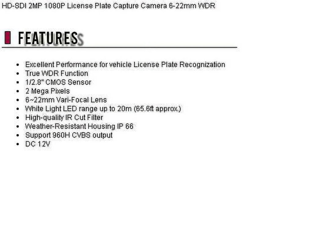 Capture WDR 6-22mm 2MP HD-SDI Camera Plate License 1080P CCTV