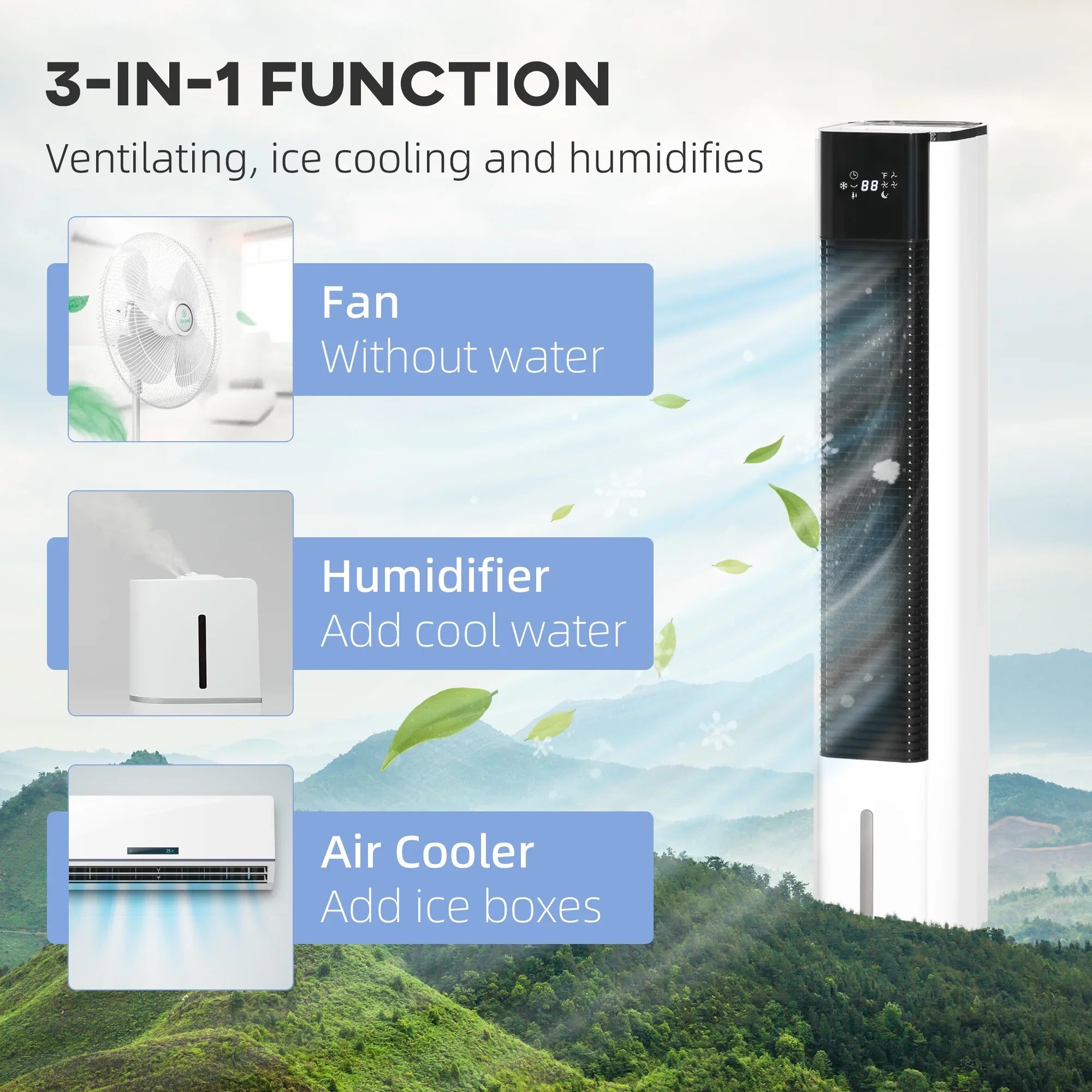 with Tank, 3-In-1 and Air Remote, Cooler, 1.6 Evaporative Gal White Portable Oscillating, Cooling 42" Ice Timer, HOMCOM LED Humidifier Water Display, Fan