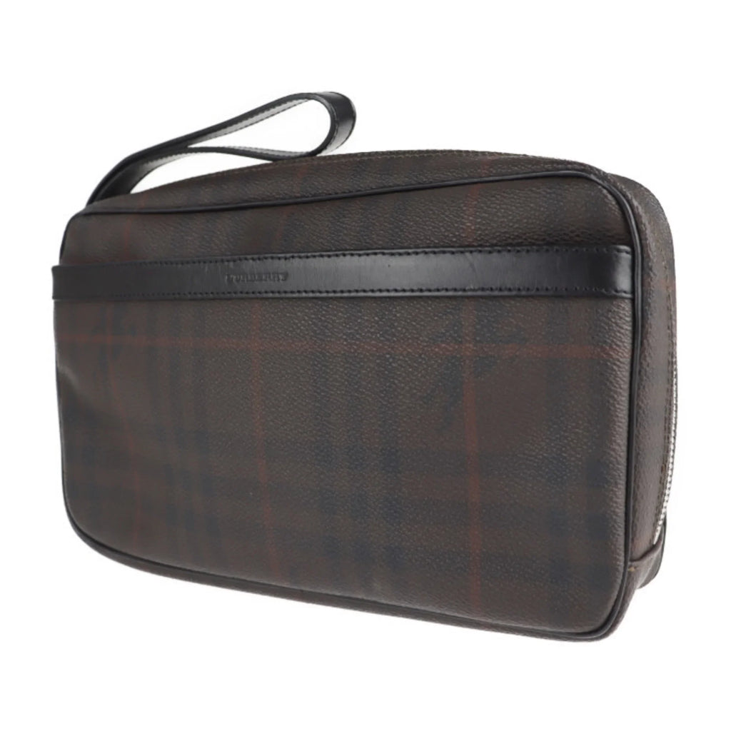 Pre-Owned BURBERRY Clutch Plaid Second PVC Burberry Dark Brown Bag (Good) Leather