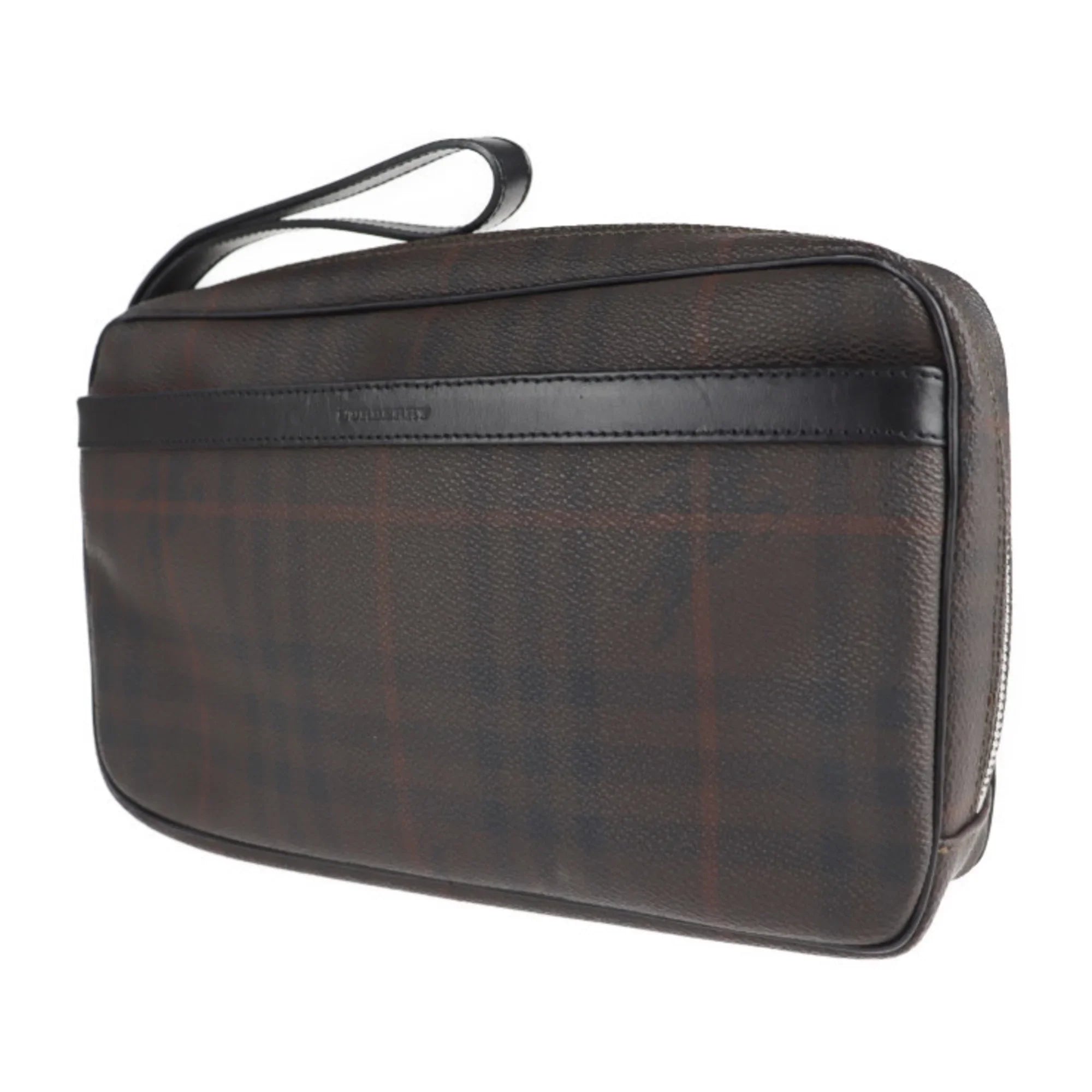 Pre-Owned BURBERRY Clutch Plaid Second PVC Burberry Dark Brown Bag (Good) Leather