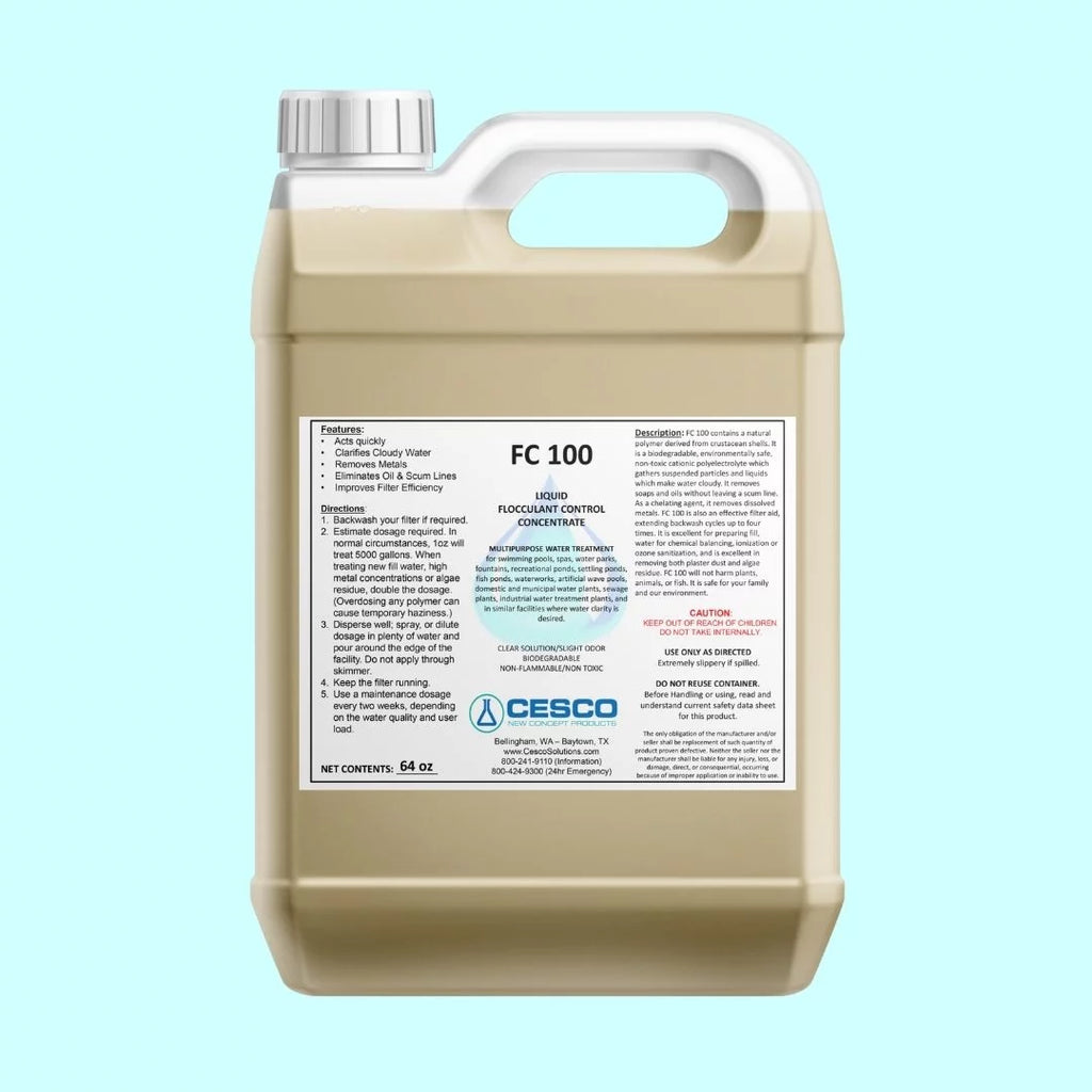 Non-Toxic Flocculant Pool Safe - Supplies Pond, - Water - FC-100 Eco-Friendly, Pool, Concentrated Liquid - Solutions Swimming 64 for Pool Cesco Chemicals Oz Cleaning Spa Clarifier