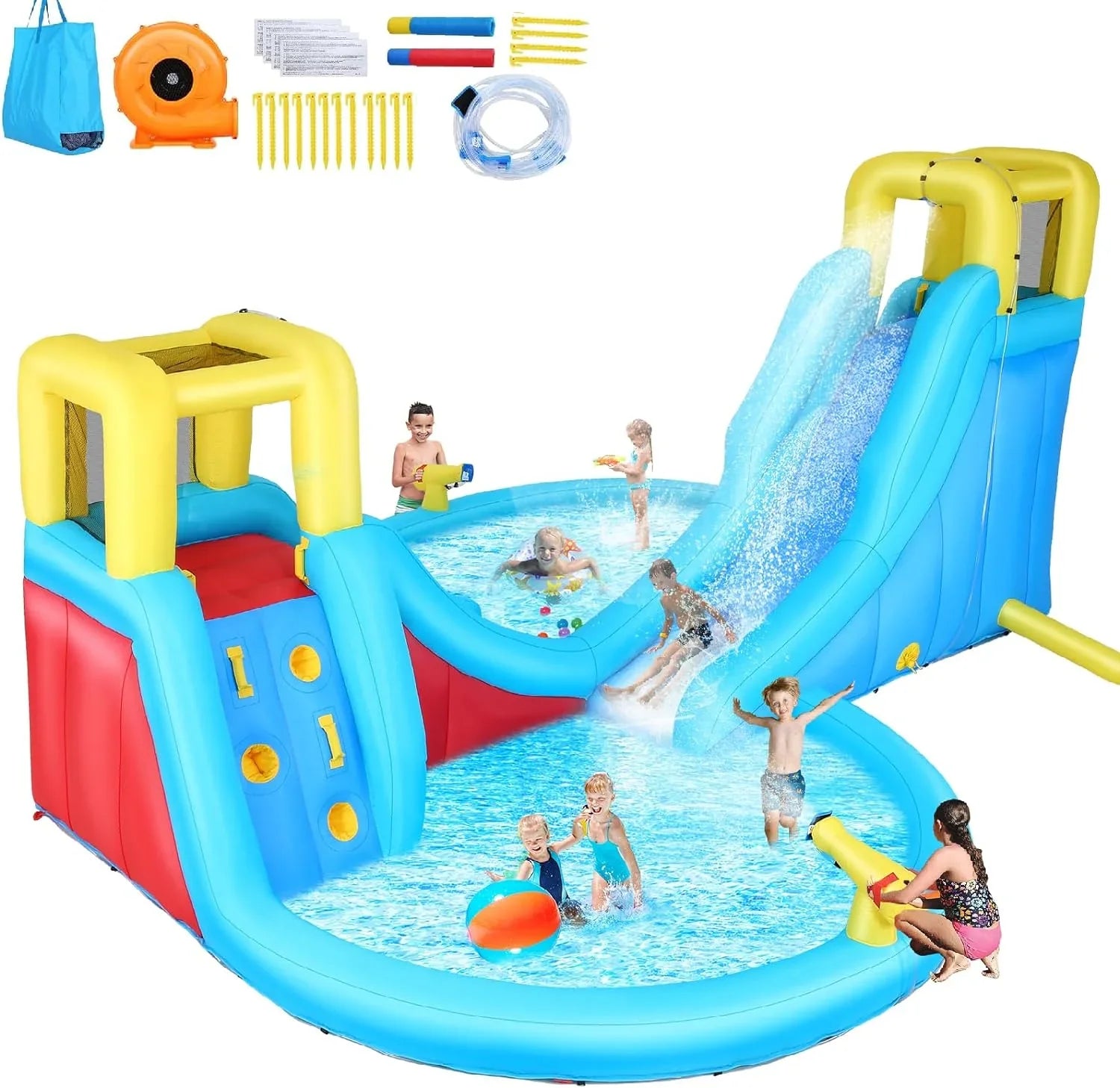 Bounce Playgrounds with Inflatable Walls Veeboto & Splash kids 2 Water Water Indoor/Outdoor Climbing 2 520W Slides, 2 House for Slide Pool Blower with