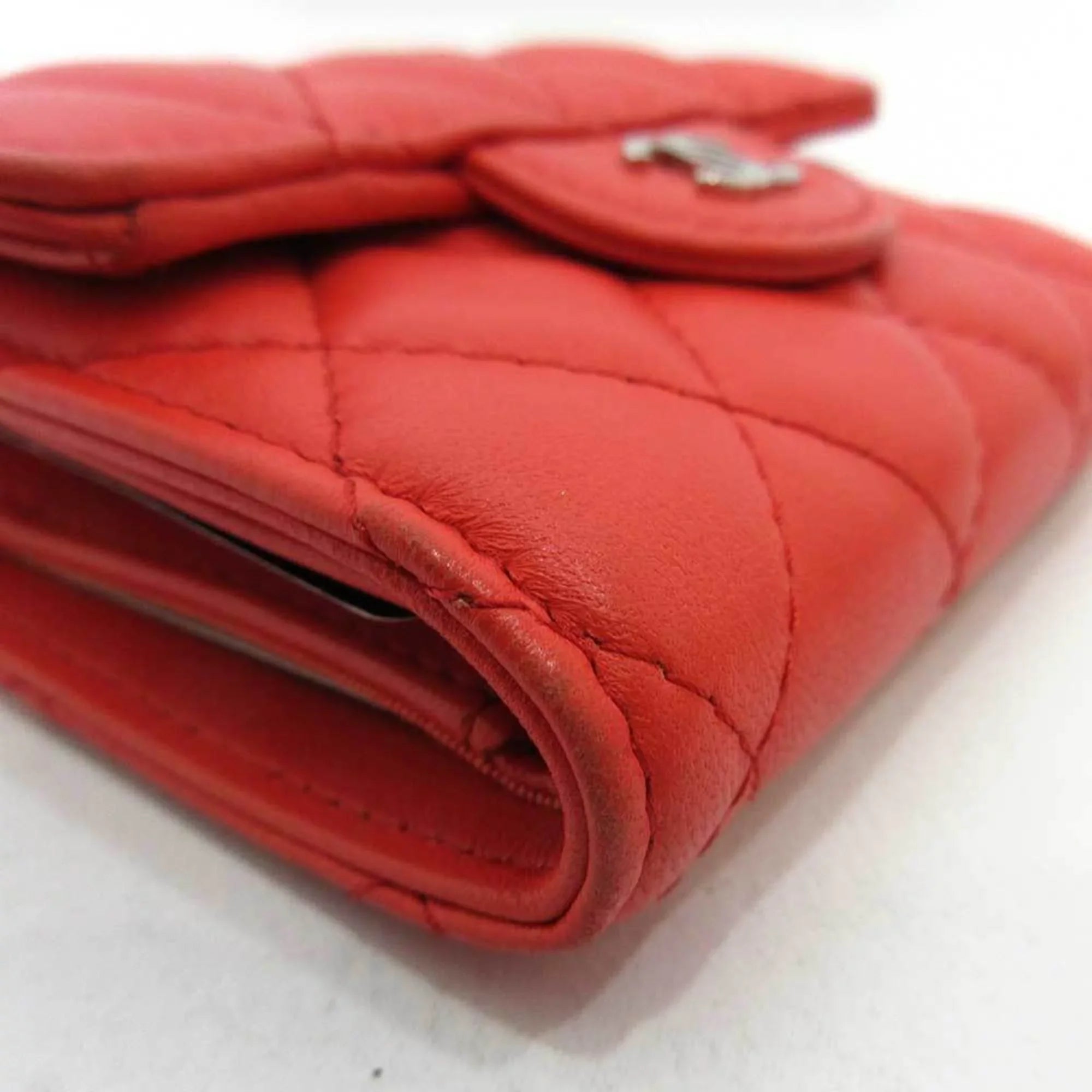 Pre-Owned Lambskin Orange Wallet Matelasse Metal Fittings Chanel CHANEL Series Red Women's Mini (Good) Silver Small Trifold