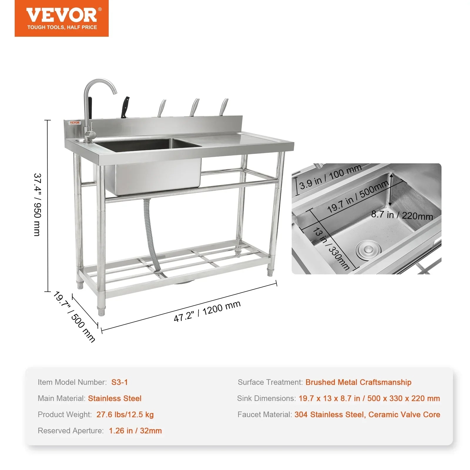 in Bowl BENTISM Utility Stainless Steel 47.2x19.7x37.4 w/Workbench Sink Single