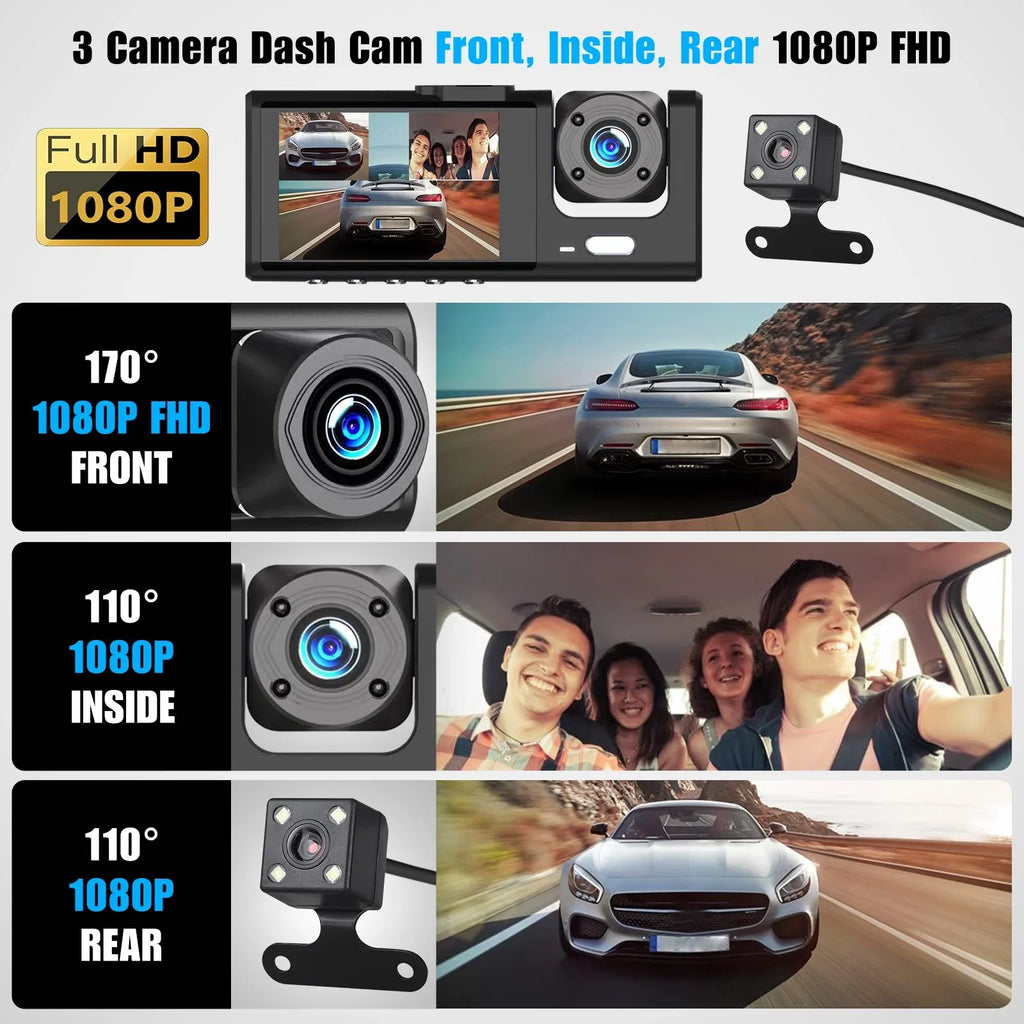 Car 1080P Triple Card, Way Channel Backup DVR Inside Dash TF Vision, Cam, Camera, 3 3 Cam Recorder, IR Dash Front Rear Dashboard G-Sensor Driving W/32GB Inside Camera Night Dual