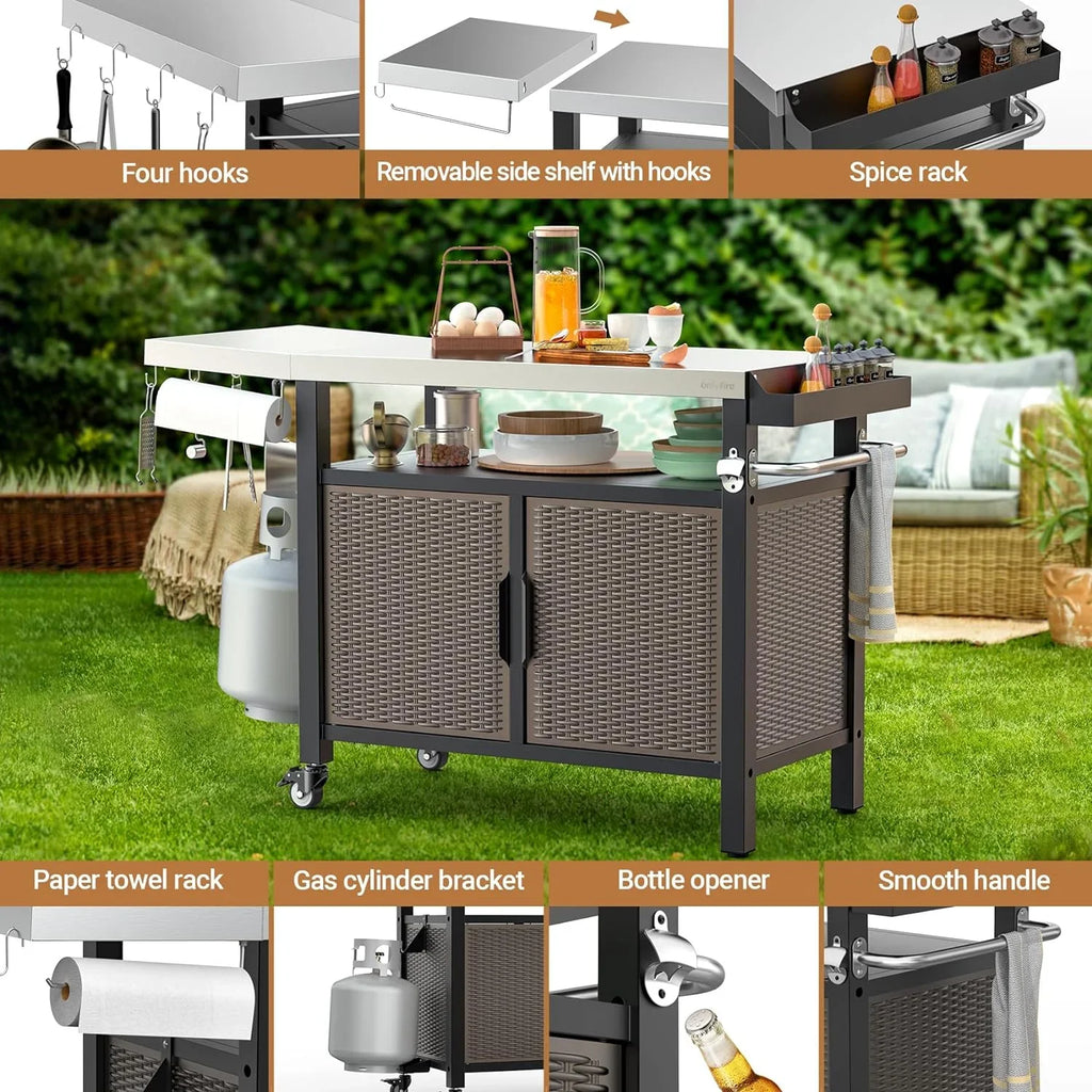 with Table Stainless Indoor Rolling SUSIMOND and Shelf Wheels Countertop, Kitchen Outdoor Storage with Steel Side Cart Cabinet for XL 53-Inch Worktable Dining Island