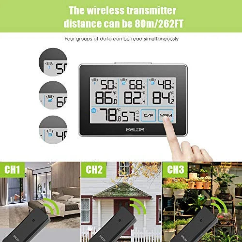 3 Stand Humidity Black LCD, Real-Time Digital and Station Tracker Distance 262 with Meter Touchscreen, Hanging Temperature Built-in - ft Weather Slot, Remote and Max with BALDR Wireless Sensors,