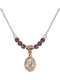 Gold Necklace 18-Inch Birth Month Beads Stone Saint with 4mm Hamilton Damien Molokai of Charm Purple and February Plated