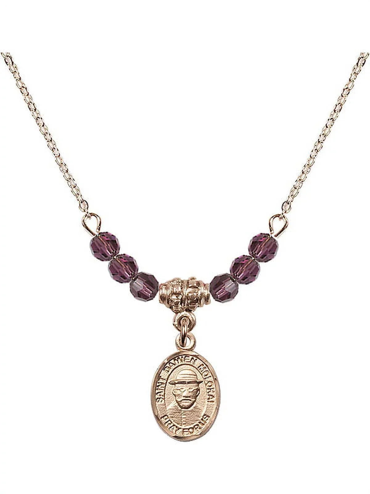 Gold Necklace 18-Inch Birth Month Beads Stone Saint with 4mm Hamilton Damien Molokai of Charm Purple and February Plated