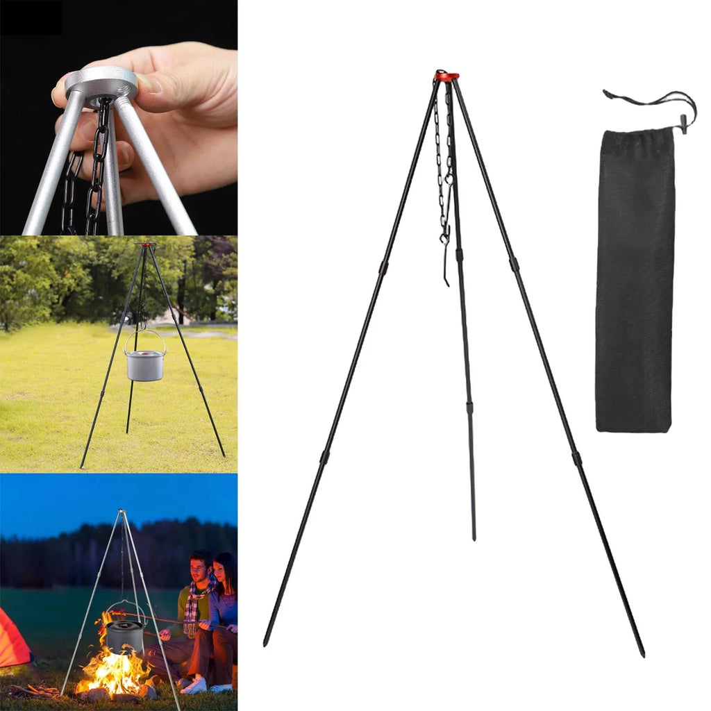 Accessory Portable with ing Campfire Cooking Adjustable Outdoor Camping Black Tripod, Pot Picnic Cookware , Grill Tripod Aluminum Stand