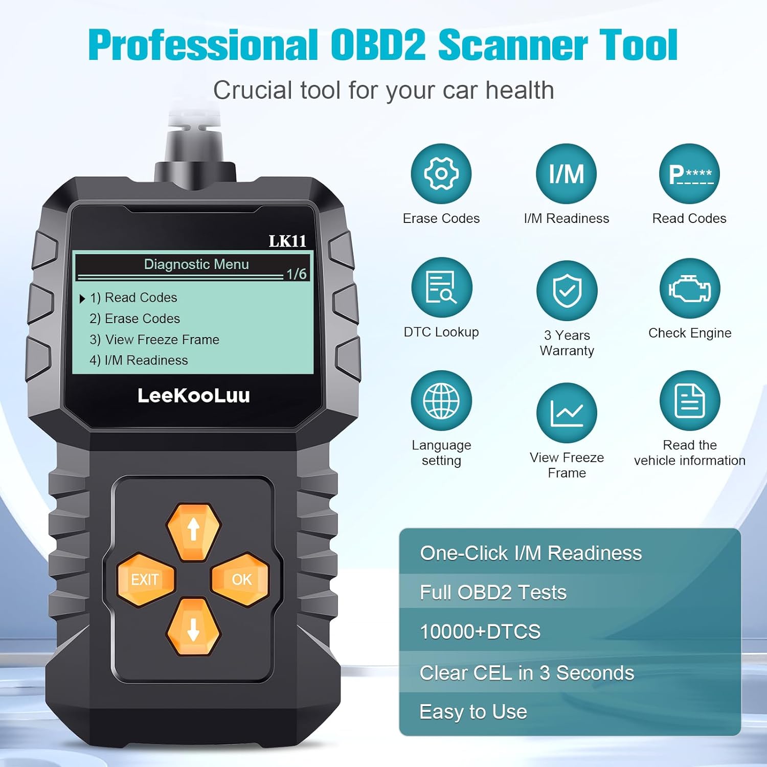 Professional LK11 Code Freeze Easy and Engine Readiness LeeKooLuu Play Setup Scan Frame/I/M - with Cars Alert Code 1996 Reader Since Scanner for Clear OBD2 Use Plug to - Diagnostic Reset