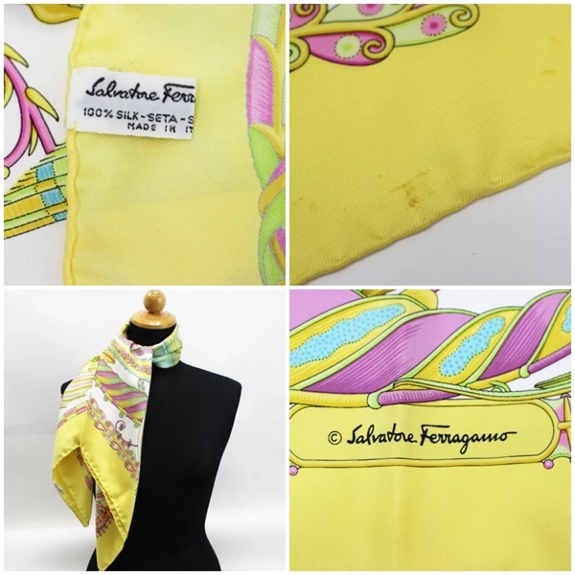 SALVATORE Ferragamo ladies x scarf white (Good) tropical Salvatore silk fish FERRAGAMO Pre-Owned yellow