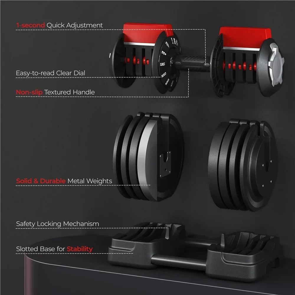 Handle, 3-In-1 Set 7-52.5lbs Renwick Black Anti-Slip Quick-Adjust Dumbbell Weight With