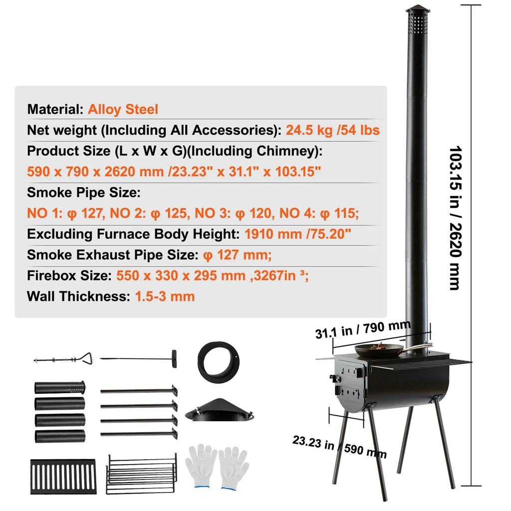 Camping in SKYSHALO Portable Wood 118 Stove Hot Tent for Outdoor Stove Pipes w/ BBQ