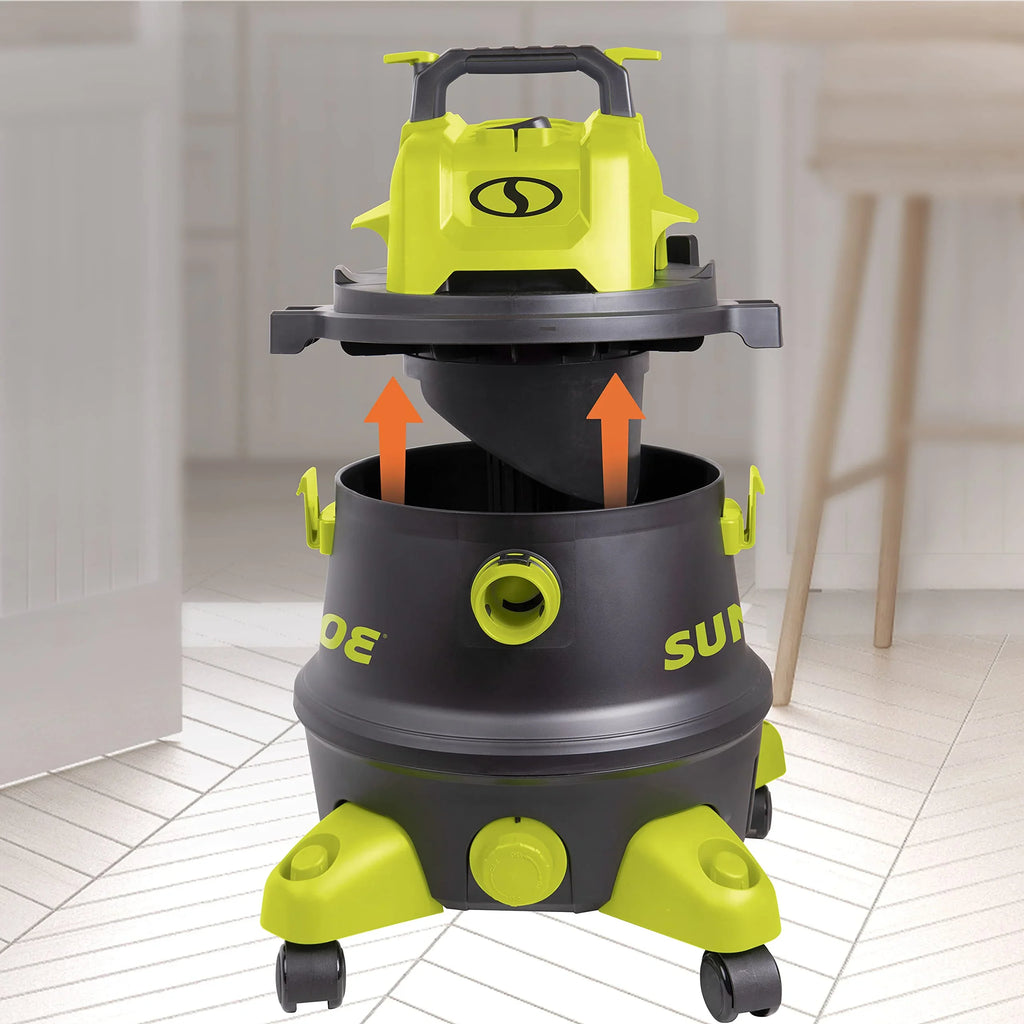 Peak Wheeled 8-Gallon Black/Green w/Cleaning Joe Shop Vacuum, Attachments, (Refurbished) Restored Wet/Dry 1200-Watt HP Filtration, 6.5 HEPA Sun SWD8000