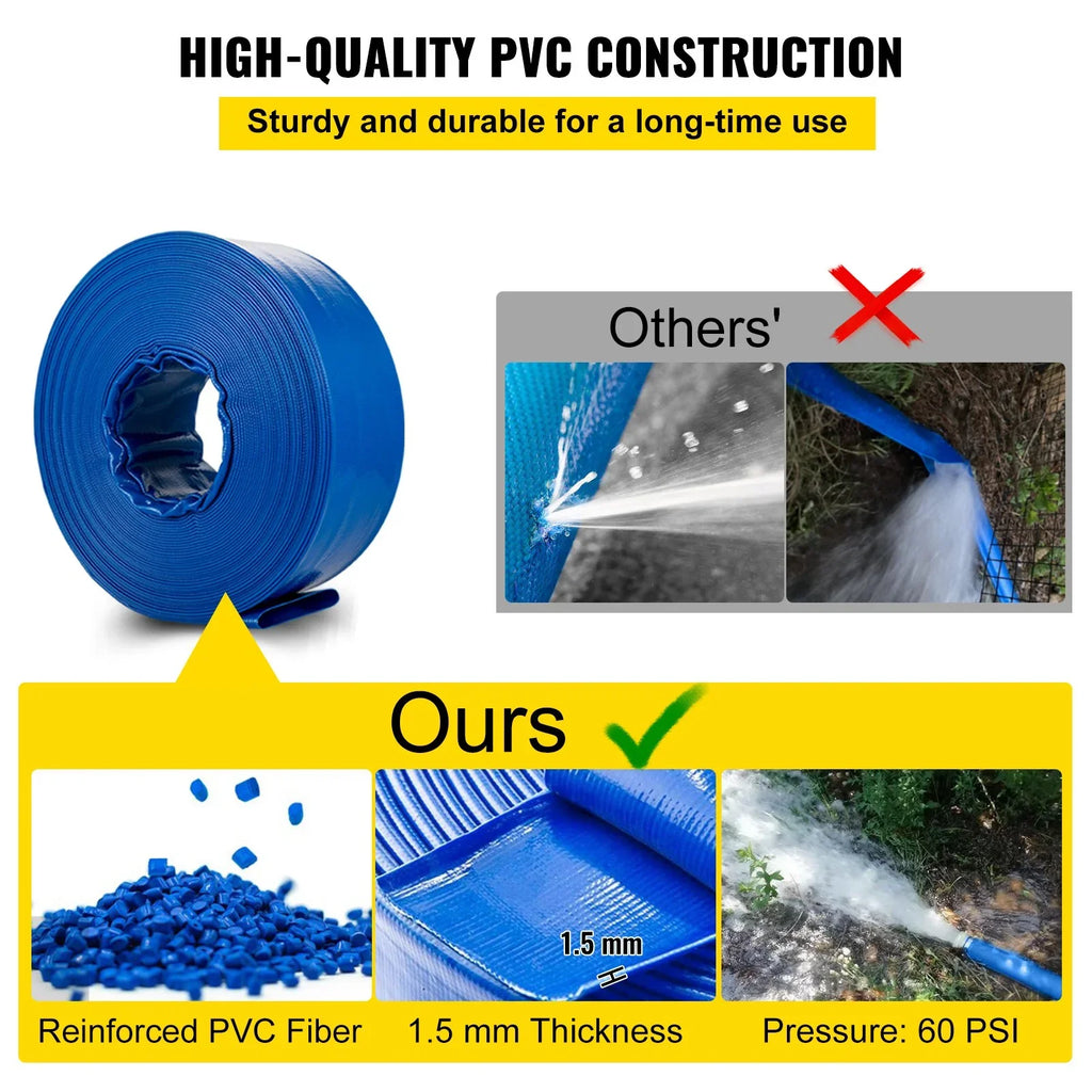 Water 1-12" Hose Drain Transfer, with Backwash & Heavy for Pool Discharge Hose, PVC Fabric 105', Hose, Blue & Duty Flat Weather-proof VEVOR x Burst-proof, Swimming Lay Ideal Clamps,