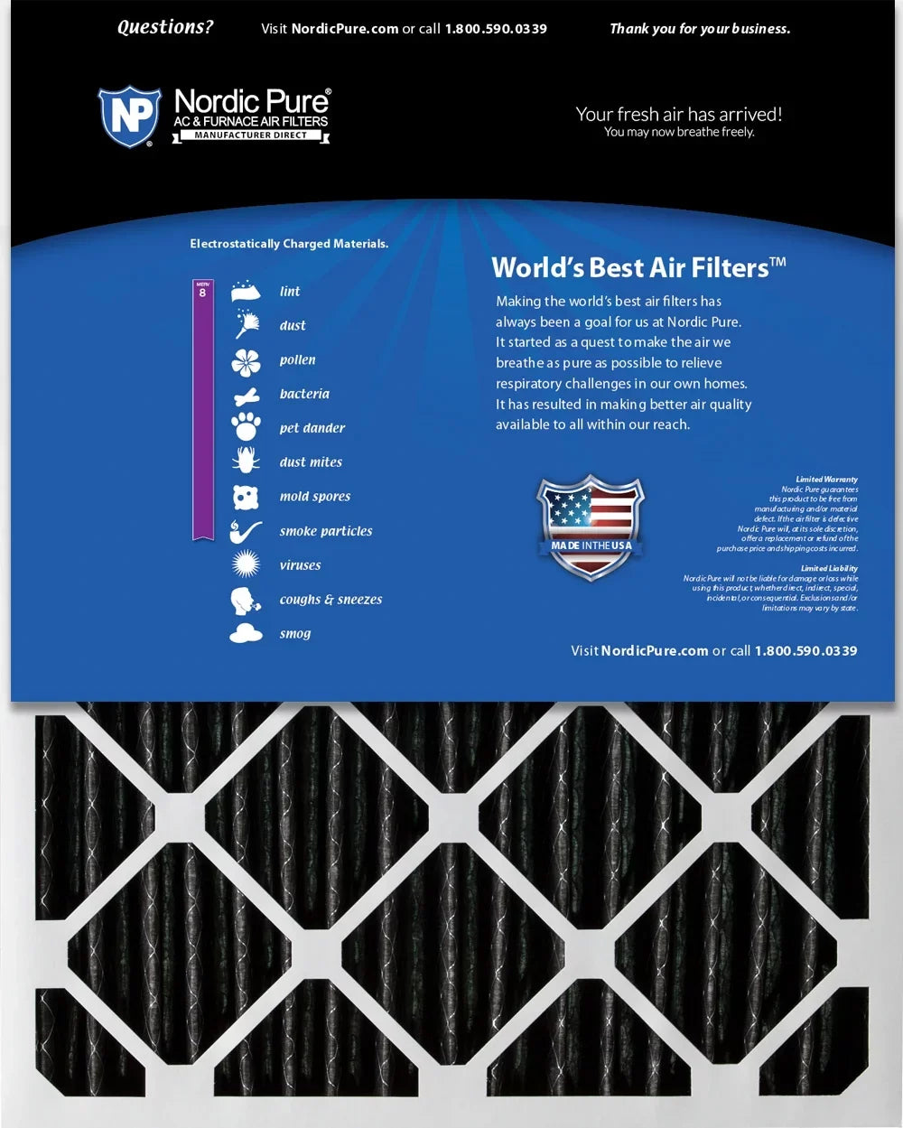 Pleated Carbon Filters Air 8 Pure Pack Furnace Plus 16x25x2 MERV 3 Nordic