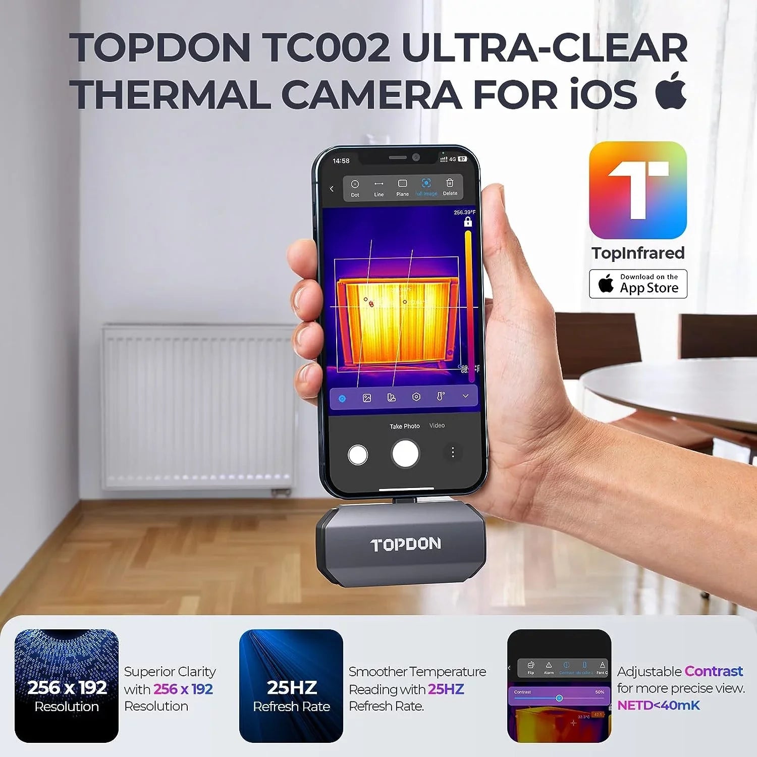 Thermal Sensitivity -4F~1022F Thermal & Camera, Thermal TC002 Camera x 192 40mk 256 Imaging Range Temperature iOS IR Resolution High iPad) (iPhone TOPDON for