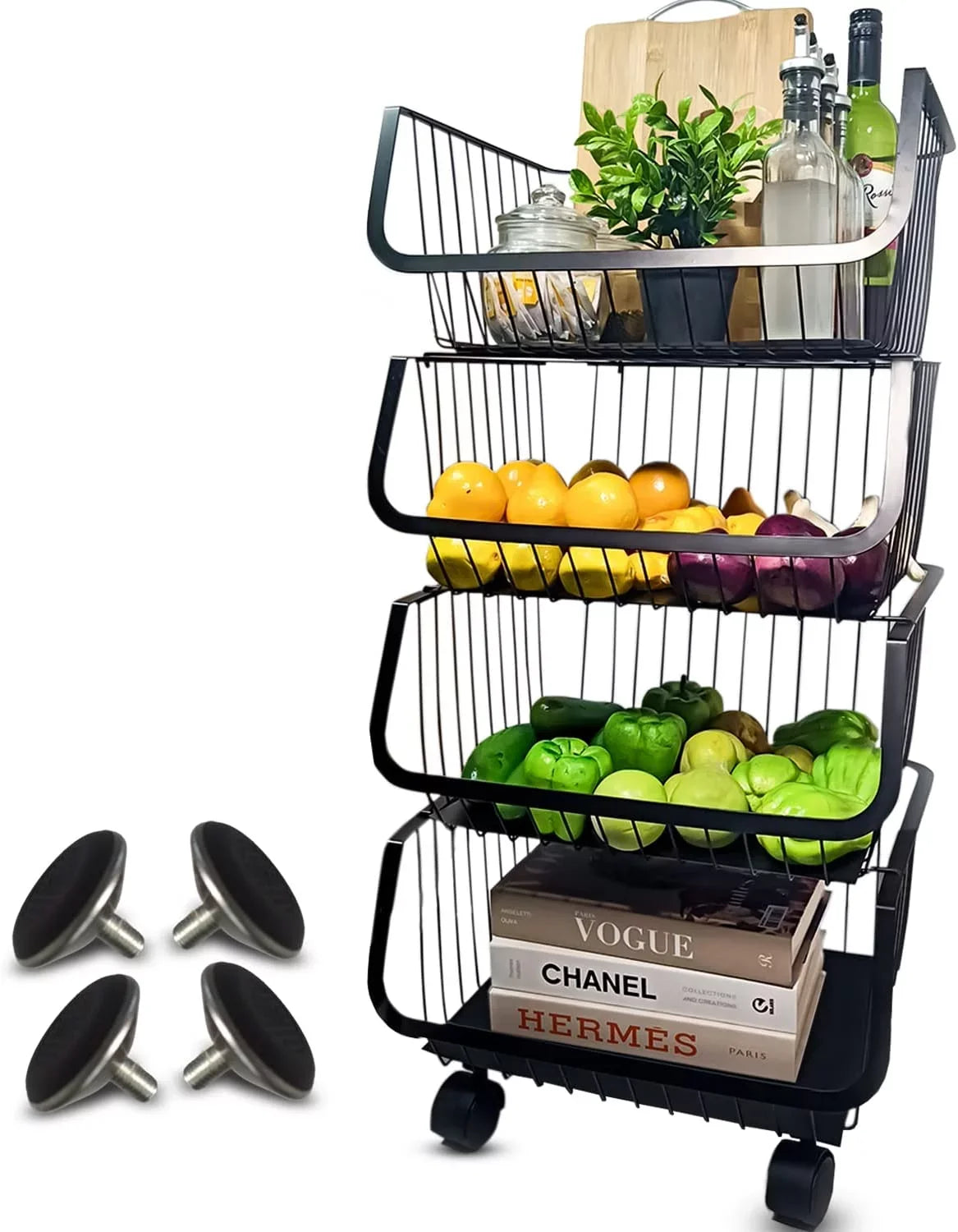Wheels Metal Rolling with Black 4-Tier Utility Storage Organizer Basket Cart,