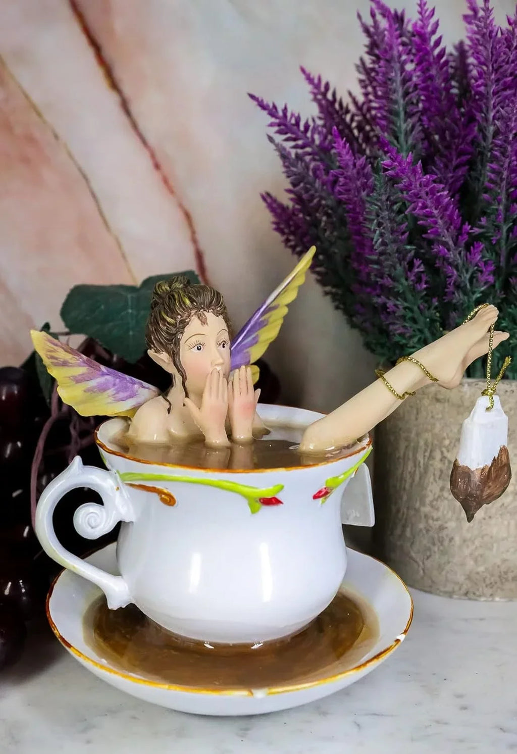 Time 5" Bathing H In With Tea Ebros Collectible Tea Design Fantasy With Bag Fairy Shocked Magical Figurine Cup Cracked Fairy Encounters Saucer Tea