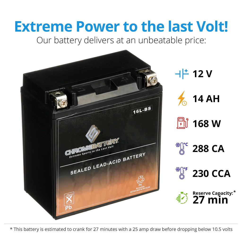 12 Battery for Chrome Volts,14 Cca) 230 Polaris Jet Ah, Battery Ski Ytx16l-bs (16l-bs