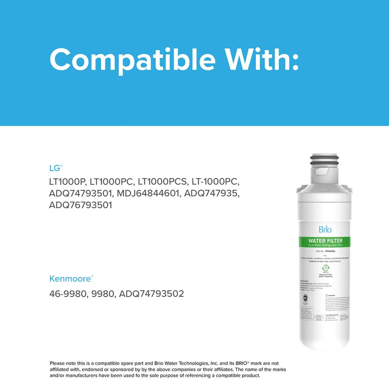 Filter 6046A ADQ74793501 LT-1000PC, Compatible With Replacement Brio LT1000PCS, LT1000PC, LGLT1000P, Refrigerator Water