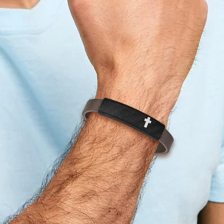 Chisel 8" Cross Polished Fiber Bracelet Steel Leather - Stainless Solid Faux Brown Carbon