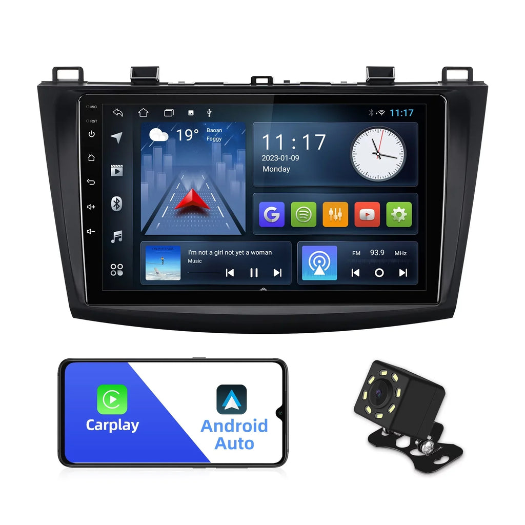 Wheel Car Din 9 Double for with Inch 3 2012 2013 Carplay/Android stereo Mazda 2+32G Radio 2010 TouchScreen Camera 2011 Control Wireless Android Backup Auto/GPS/Bluetooth/FM/AUX-in/Steering 10 Built-in