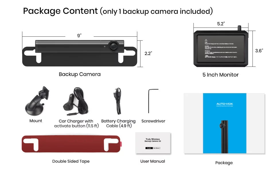 AUTO-VOX Wireless 5'' Installation, for Car Camera Systems 5Mins Backup for TW1 Monitor Camera Trucks, Up Back DIY Vision Solar Night