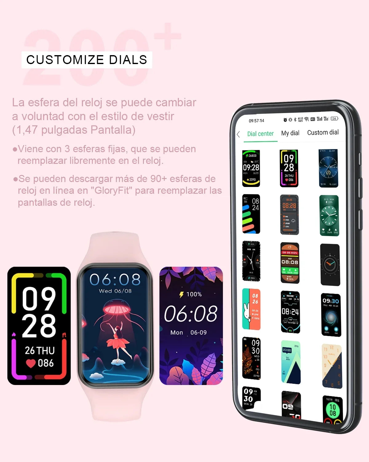 Smart Fitness for IP68 1.47 Tracker iOS,Pink Compatible Android 24 Inch and Women HD Waterproof, Modes Sports Pedometer, Screen,with - Watch , with Men Calorie