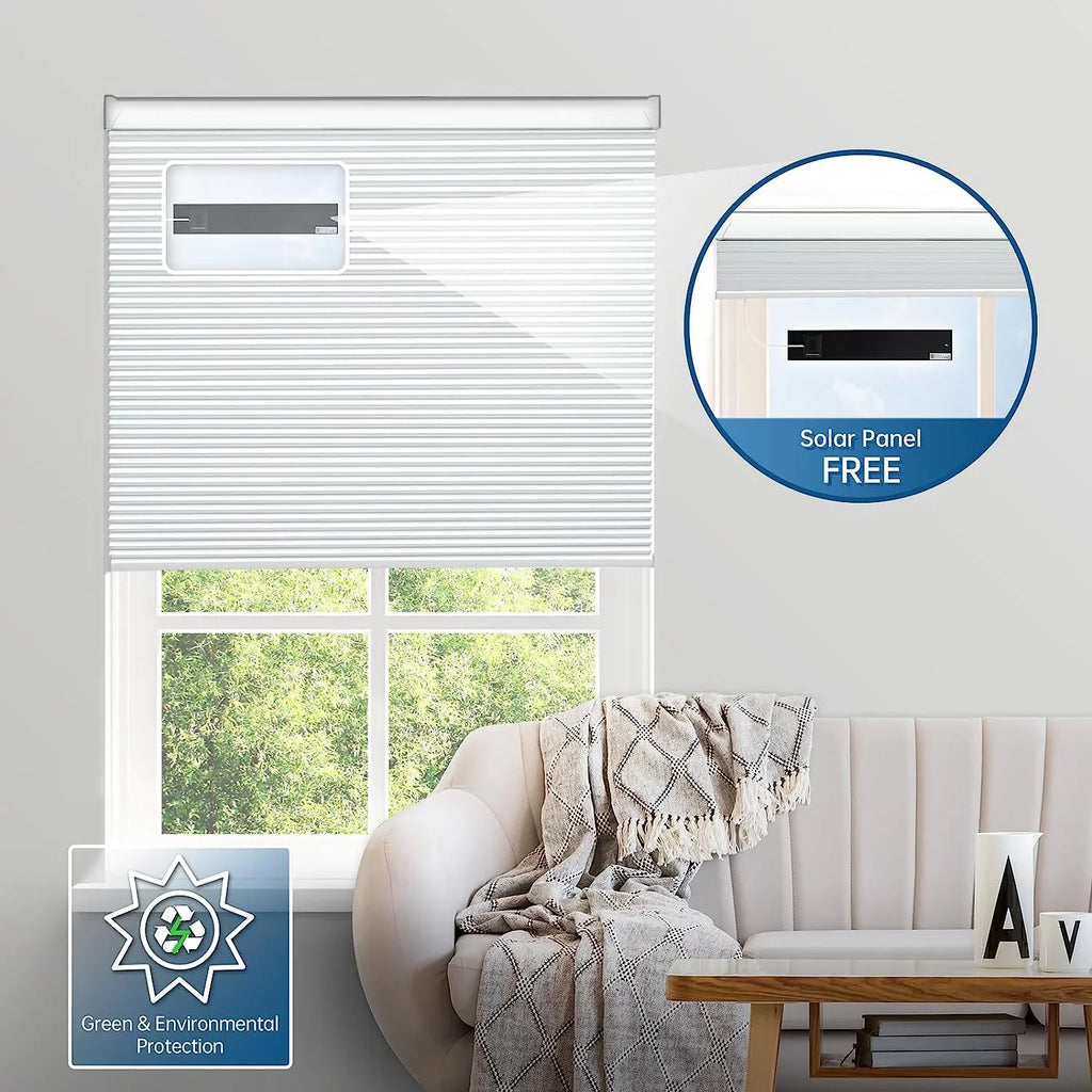 Cordless Cellular Honeycomb 29" Magnetic Panel¡¿ Alexa Motorized Remote, Blinds, Shades Solar Electric with 100% Powered Rechargeable Automatic Google¡¾Free with Blackout H, Wx64 Blinds White Solar
