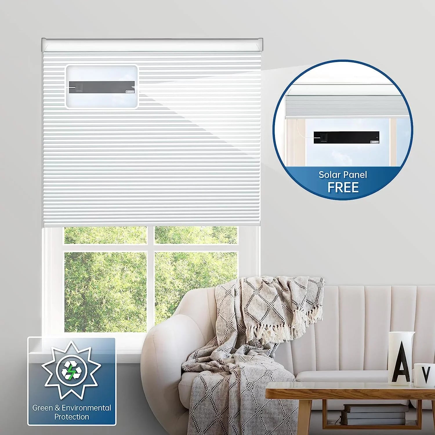 Cordless Cellular Honeycomb 29" Magnetic Panel¡¿ Alexa Motorized Remote, Blinds, Shades Solar Electric with 100% Powered Rechargeable Automatic Google¡¾Free with Blackout H, Wx64 Blinds White Solar