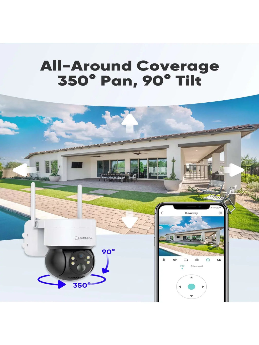 Battery WiFi Security Camera Wireless Cameras Camera Panel, Home Color Surveillance 2K Night Detection Solar Powered SANNCE Audio, Solar Outdoor, for 360Â°PTZ Security, Vision, Motion with 2 Way