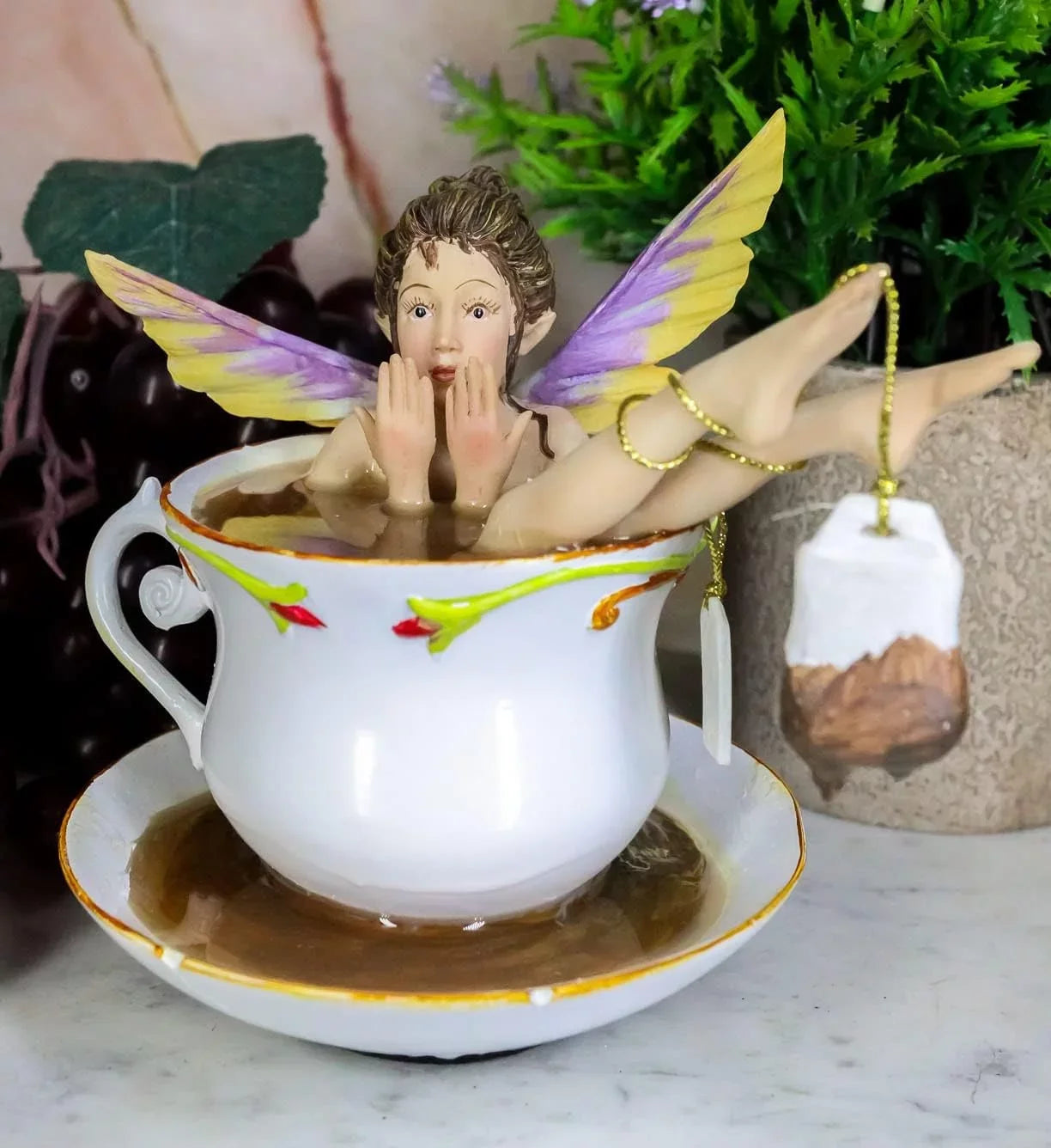 Time 5" Bathing H In With Tea Ebros Collectible Tea Design Fantasy With Bag Fairy Shocked Magical Figurine Cup Cracked Fairy Encounters Saucer Tea