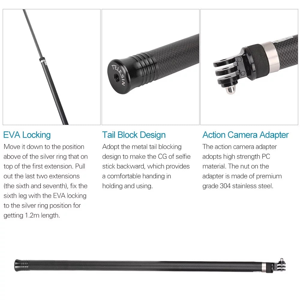 Action Hero Lightweight 10/9/8/7/6/Hero Ultra Carbon Black(2018) for R Fiber Replacement Monopod GoPro Long for Handheld 5 C Selfie OSMO Replacement One Pole Extendable Inch Stick 2.7M/106