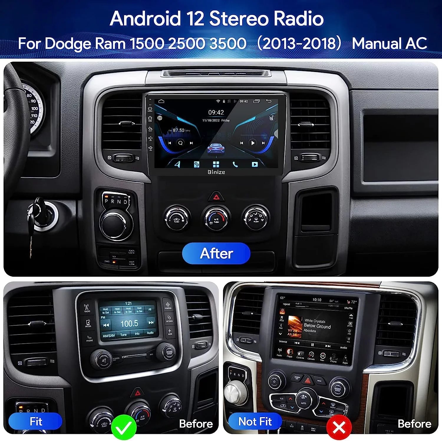 in-Dash 2500 3500 Dodge Camera/DSP/SWC/BT/WiFi/2+32GB Auto/AM/FM/Backup with Double for Din Stereo 2013-2018, CarPlay/Android Car GPS Radio Unit 9" Android Ram 1500 Wireless Navigation Binize 12