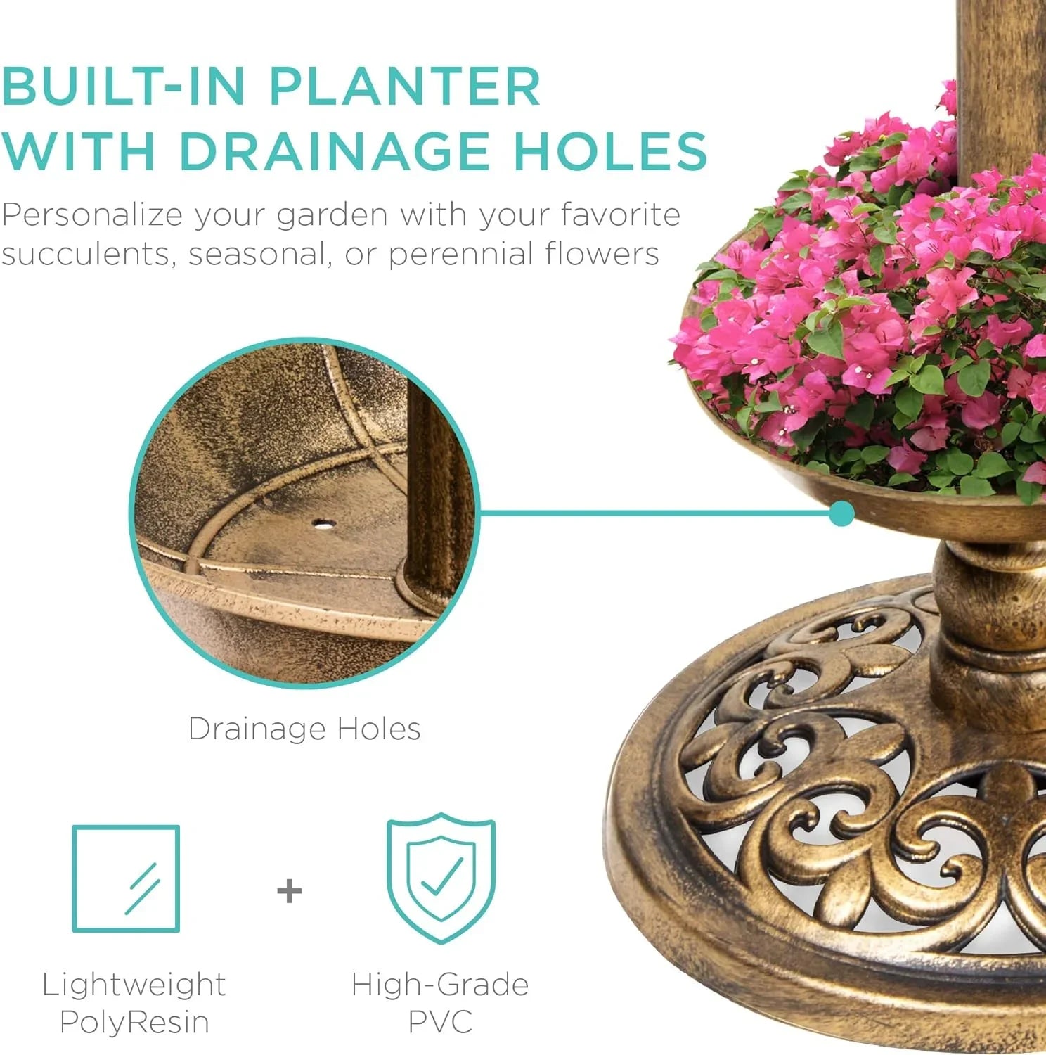 Panel, Bronze Decoration Pedestal Outdoor Lawn, W/Planter, - Scroll Integrated Solar For Garden Fountain Accents Bath Lighted