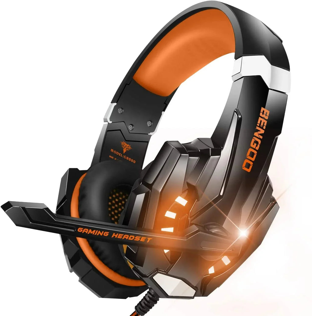 Soft BENGOO LED Cancelling Xbox One PS4, Headset Gaming with Over Ear Surround, Mic, Memory Headphones Stereo Bass PC, Earmuffs Noise (Orange) Controller, G9000 Light, for