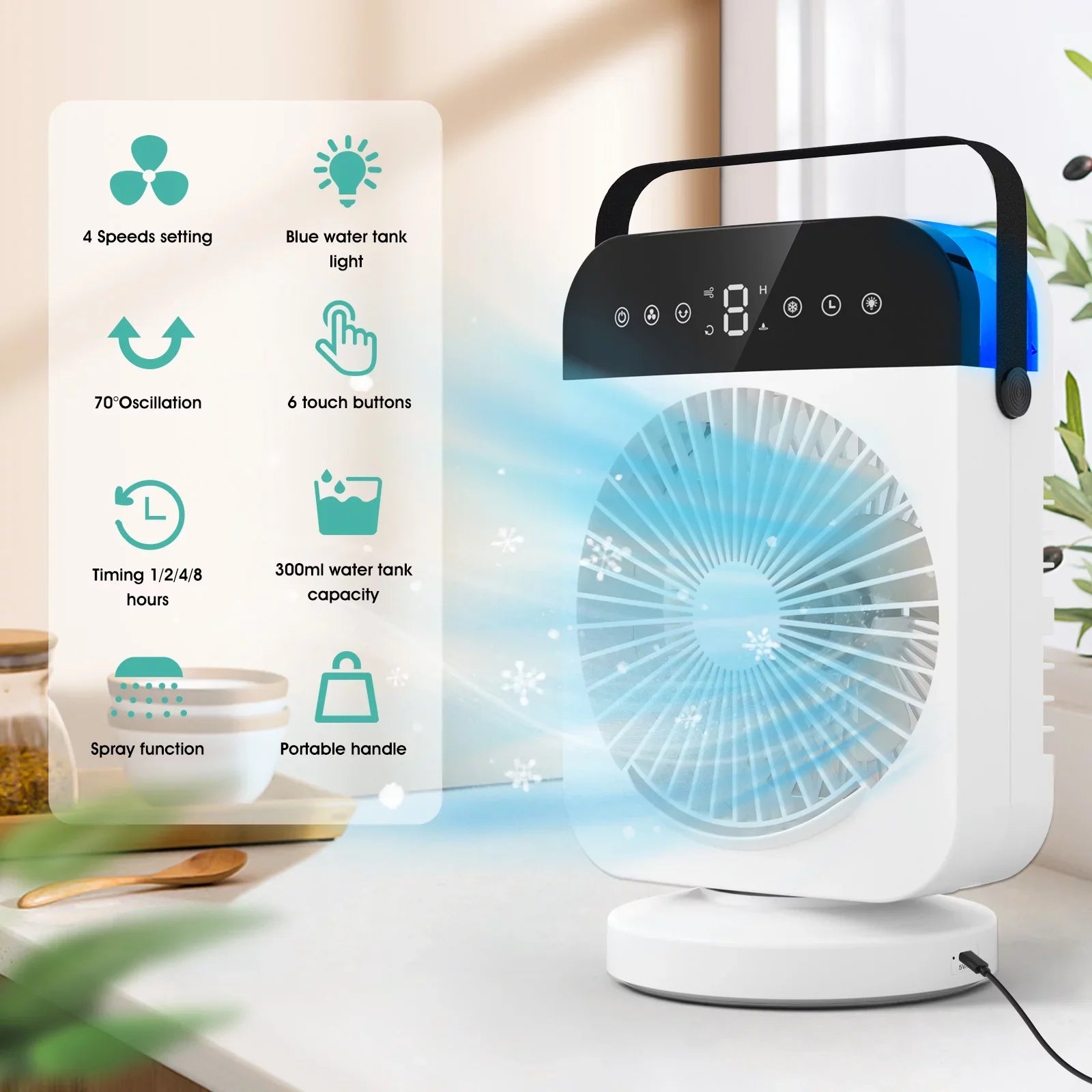 Small Camping Office Desktop Light Evaporative Portable Cooling With Led With Personal 4 For Speeds,Oscillation/Humidifier/Timing Fan Air Conditioner,Mini Function, Room Cooler Air