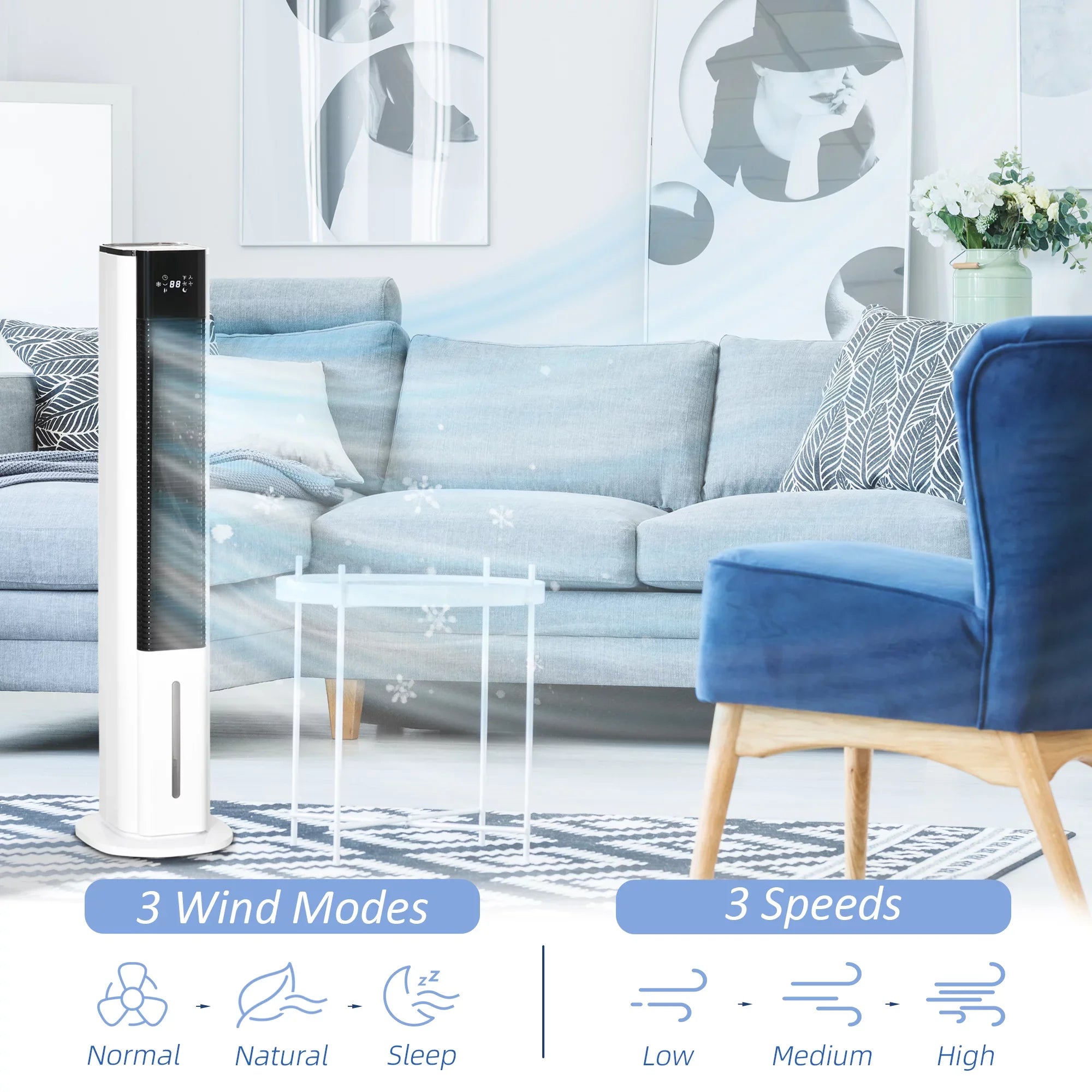 with Tank, 3-In-1 and Air Remote, Cooler, 1.6 Evaporative Gal White Portable Oscillating, Cooling 42" Ice Timer, HOMCOM LED Humidifier Water Display, Fan